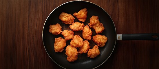 Poster - Crispy golden brown fried chicken pieces arranged in a black frying pan on a dark wooden surface showcasing a delicious top view composition