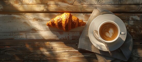 Poster - Charming top view of a wooden breakfast scene featuring a golden croissant beside a white cup of coffee with latte art on a gray napkin.