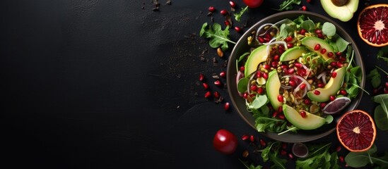 Poster - Vibrant avocado salad with pomegranate seeds and green leaves arranged in a dark bowl on a black background, garnished with citrus slices and tomatoes.