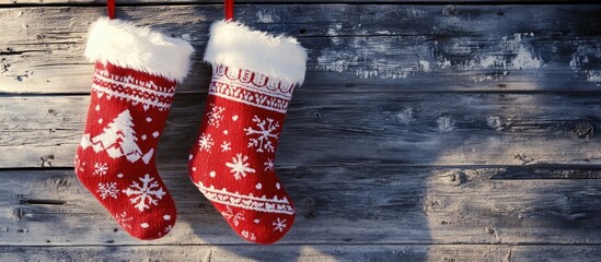 Poster - Cheerful red and white Christmas stockings with snowflake patterns hang against a rustic wooden wall, adding a festive holiday touch to decor.