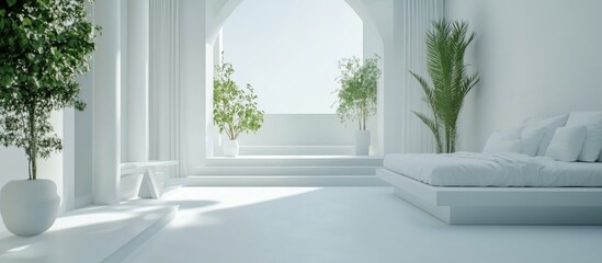 Poster - Serene white bedroom interior with large windows, soft cushions, and green plants enhancing the calm atmosphere in a spacious layout.
