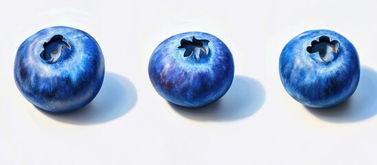 Poster - Fresh blueberries arranged side by side on a white background showcasing vibrant blue tones and natural highlighting on each berry's surface.