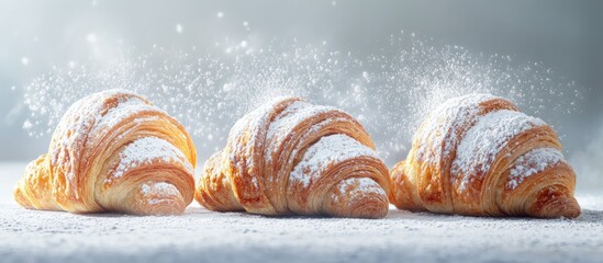 Poster - Freshly baked croissants dusted with powdered sugar arranged in a row on a soft white background highlighting the flaky texture and golden color.