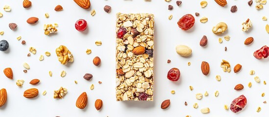Poster - Granola energy bar surrounded by assorted nuts and dried fruits on a white background showcasing healthy nutrition with earthy tones and textures.