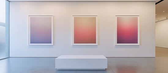 Leinwandbilder - Three white mockup art frames arranged symmetrically on a clean white wall, displaying soft gradient artwork, with natural lighting enhancing the scene.