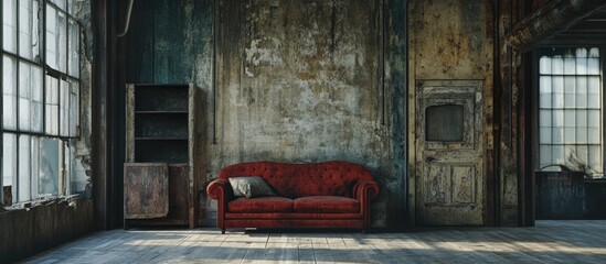 Aufkleber - Rustic interior with red vintage sofa against a weathered wall, wooden floor, large windows allowing natural light from the left side.