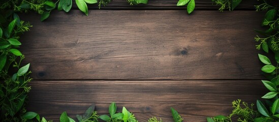Poster - Wooden background with dark brown tones framed by vibrant green vinegar tree branches creating a natural copy space for text in a flat lay view