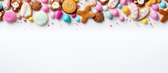 Poster - Colorful array of assorted cookies and candies including pastel pink and blue on white background, arranged for festive treats display.