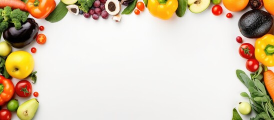 Poster - Colorful assortment of fresh vegetables and fruits including red tomatoes, yellow peppers, green lettuce, and purple eggplant arranged around a blank white space.