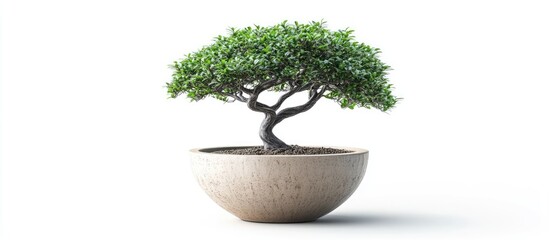 Aufkleber - Bonsai tree in a round beige pot positioned on the left with lush green leaves against a bright white background for a serene aesthetic.