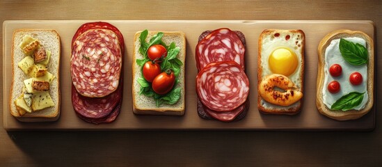 Aufkleber - Colorful open-faced sandwiches with various toppings displayed on a wooden board, including tomatoes, meats, and herbs, against a neutral background.