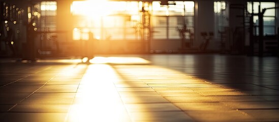 Poster - Silhouette of a dark gym with sunlight streaming across a polished floor, creating a warm amber glow on the tiles in a tranquil environment.