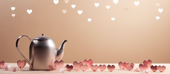 Aufkleber - Silver watering can pouring heart shapes onto a light beige background with scattered pink and white hearts enhancing love and romance theme