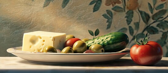Poster - Fresh vegetables and cheese on a plate with green cucumbers red tomatoes and assorted olives with a softly lit textured background