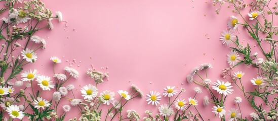 Aufkleber - Pastel pink background adorned with an arrangement of white daisies and wildflowers, creating a vibrant floral frame at the edges.