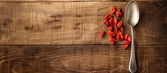 Poster - Top view of a rustic wooden table featuring a silver spoon and scattered dried goji berries on the left providing ample copy space on the right