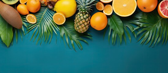 Aufkleber - Colorful arrangement of fresh tropical fruits including pineapple, oranges, and grapefruit surrounded by green palm leaves on a teal background.