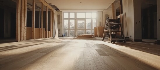 Poster - Renovated interior space with wooden flooring and sunlight streaming through large windows casting shadows on the floor and construction materials in background