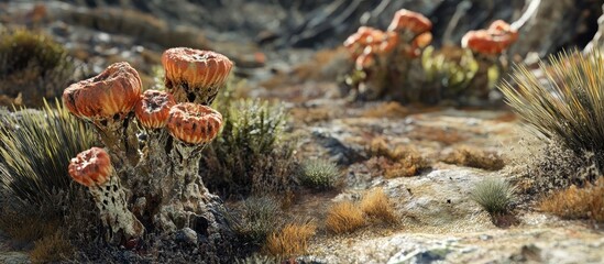 Poster - Colorful mushroom clusters in a textured rocky landscape with lush green grass and earthy tones in the background, creating a vibrant natural scene.