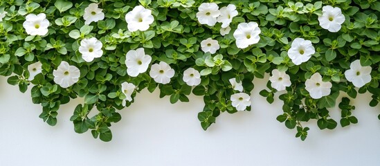 Poster - Vibrant white flowering shrub cascading over a green backdrop with lush leaves showcasing a natural border effect on a clean white surface