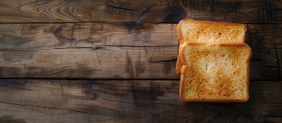 Poster - Toasted bread slices positioned in the bottom left corner on a rustic wooden table with ample blank space on the right for text or images