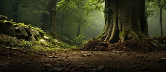 Poster - Lush green forest with tall trees on damp soil featuring thick roots in the foreground and sunlight filtering through the leaves.