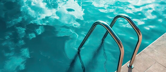 Aufkleber - Serene swimming pool with turquoise water reflecting a clear sky, featuring silver ladder on the side emphasizing tranquil atmosphere and relaxation.