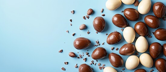 Poster - Colorful chocolate Easter eggs scattered on a pastel blue background with chocolate shavings in the bottom left corner, ideal for Easter-themed promotions.