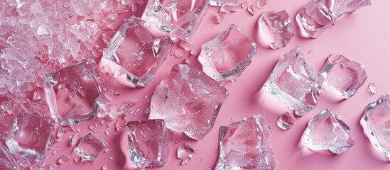 Leinwandbilder - Crushed ice pieces scattered on a soft pink backdrop with ample copy space featuring translucent textures and light reflections.