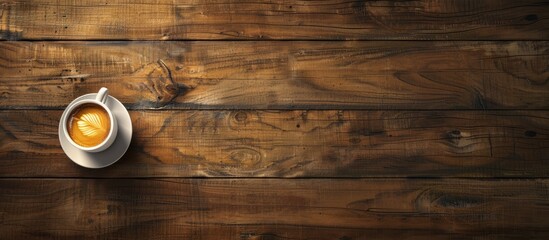 Poster - Aromatic latte in a white cup placed on a textured dark wooden table with warm brown tones, featuring ample copy space on the right.
