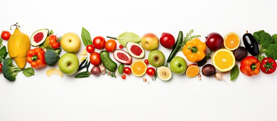 Poster - Colorful arrangement of fresh fruits and vegetables including red, green, yellow, and purple on a white background, displaying vibrant colors and textures.