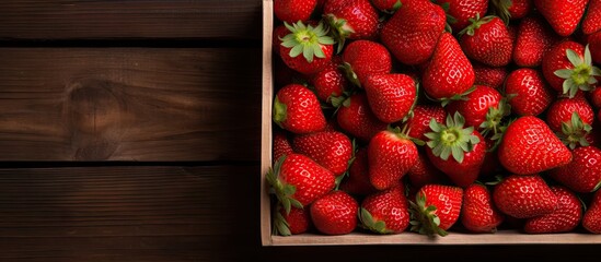 Poster - Wooden background featuring a crate of ripe red strawberries positioned on the left, with ample copy space on the right for text or designs.