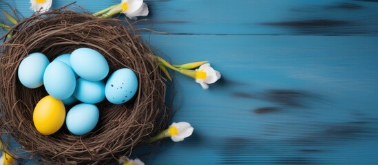 Poster - Nesting scene with blue and white eggs in a brown nest surrounded by yellow tulips on a blue wooden background with ample copy space