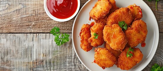 Poster - Golden homemade chicken nuggets arranged on a white plate with ketchup in a small bowl on a rustic wooden table featuring green parsley.