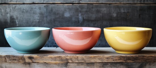 Poster - Three colorful ceramic soup bowls in turquoise, coral, and yellow arranged on a rustic wooden surface creating a vibrant home decor accent.