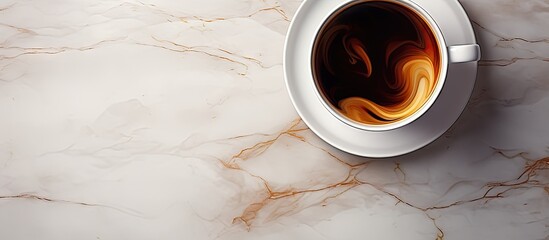 Poster - Coffee cup with swirling dark brown coffee on light marbled background positioned top right with empty space for text on left side.