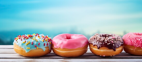 Poster - Glazed donuts in pastel colors arranged on a blue wooden table against a blurred background creating ample copy space for text