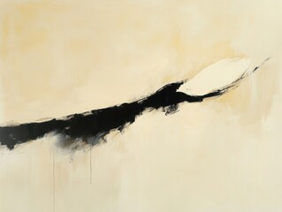 Poster - Abstract Black and White Strokes: An artistic close-up of a modern abstract painting features dynamic black and white brushstrokes on a neutral beige background.