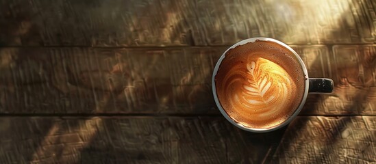 Poster - Top down view of a latte with intricate froth pattern in a dark cup on a rustic wooden table with warm lighting and ample copy space.