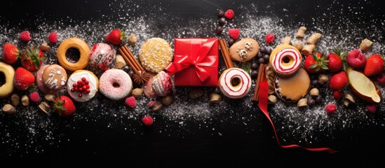 Poster - Festive arrangement of colorful donuts, cookies, red gift box, and fresh berries on a dark background with scattered flour and spices