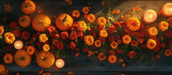 Poster - Autumn Thanksgiving greeting card with warm orange marigolds, pumpkins, and candles on a rustic wooden table for a cozy seasonal vibe