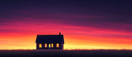 Poster - Silhouette of a charming house against a vibrant sunset featuring hues of orange, pink, and purple with a serene horizon in the background.