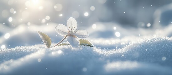Poster - Delicate white flower emerges through soft snow with a blurred icy background and shimmering snowflakes creating a serene winter atmosphere
