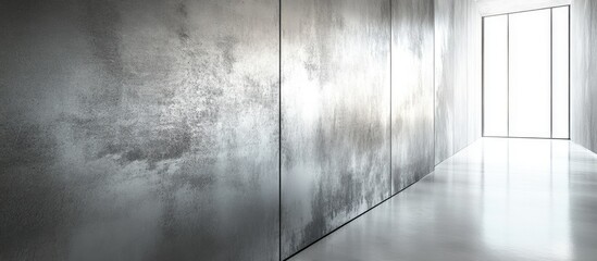 Fototapete - Sleek modern interior featuring a textured silver wall finish with soft lighting reflecting on polished floor, creating a spacious feel.