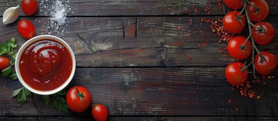 Aufkleber - Flavorful ketchup in a white bowl with spices and fresh tomatoes on a dark wooden surface creating a rustic culinary background.