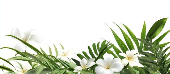 Aufkleber - Lush green tropical plant arrangement with vibrant white flowers on a clean white background featuring a detailed composition and soft shadows