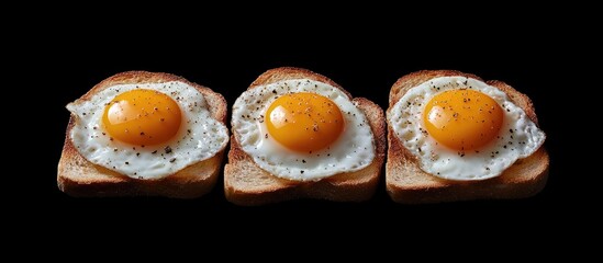 Aufkleber - Golden fried eggs atop three toasted bread slices, arranged horizontally on a black background, showcasing crispy edges and bright yolks.