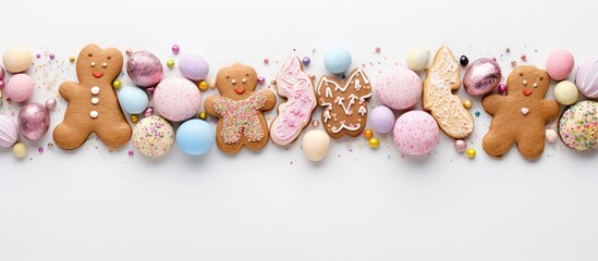 Aufkleber - Gingerbread cookies and pastel candies arranged horizontally on a white surface with soft pink, blue, and beige tones creating a festive look.
