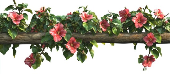 Poster - Tropical flower bush with pink blossoms on a wooden fence isolated on a white background, showcasing lush greenery and vibrant colors