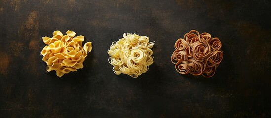 Aufkleber - Three pasta varieties in yellow, beige, and brown are arranged circularly on a dark slate background, with ample negative space for branding.